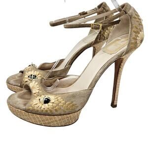 Vintage Y2K Dior 40 Open Toe Straw Platform Sandal Heel Suede Gem Ankle Strap
